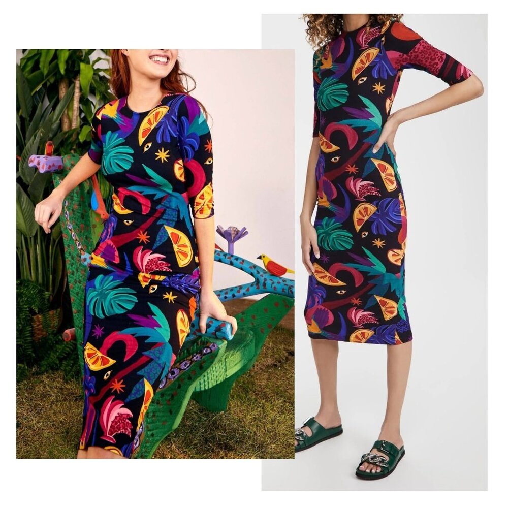 FARM RIO Mystic Jungle Midi Knit Dress Whimsical Vibrant Cocktail Vacation